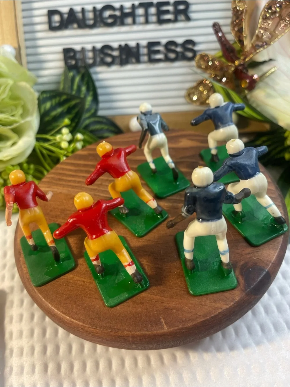 Vintage Miniature Football Player Set with Yellow Goalposts